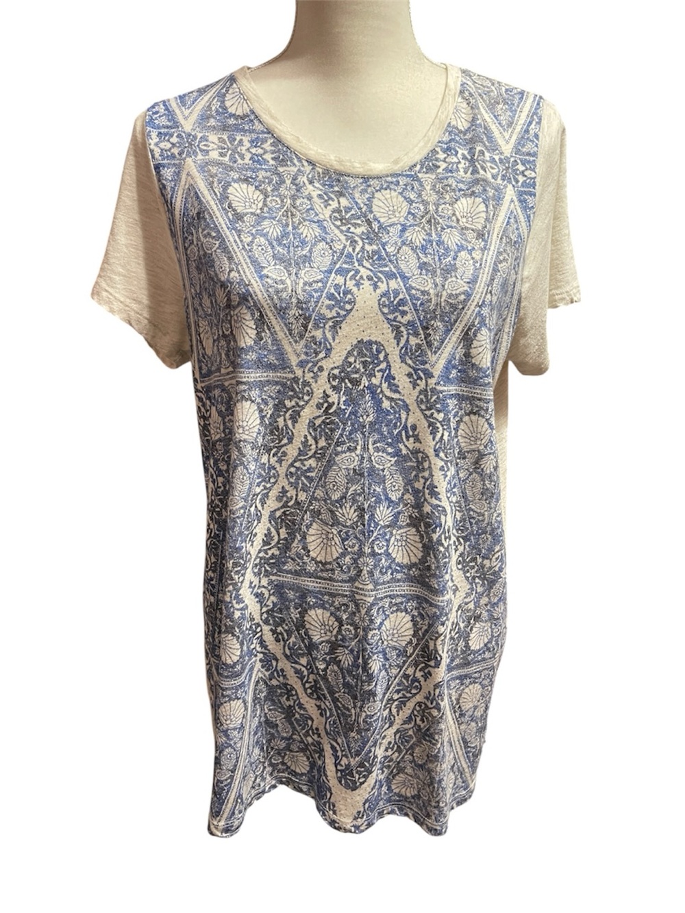 Lucky Brand Women Floral Distressed Print T-shirt Blue Short Sleeve Size XL Boho